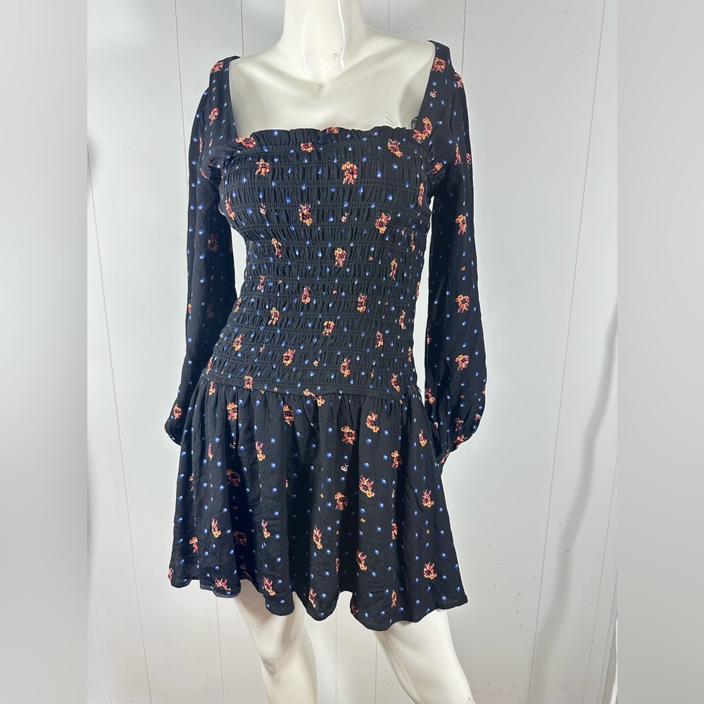 NWT Free People Black Smocked Floral Mini Dress Size Small S Long Sleeve